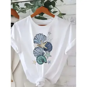 Plus Size, Coastal Marine Life Graphic White Crew Neck T Shirt with Colorful Scallop Shell Starfish and Plant Illustration Perfect for Beach Lovers and Nature Enthusiasts Casual and Stylish Desi, Festive Holiday Party Outfit for Adults