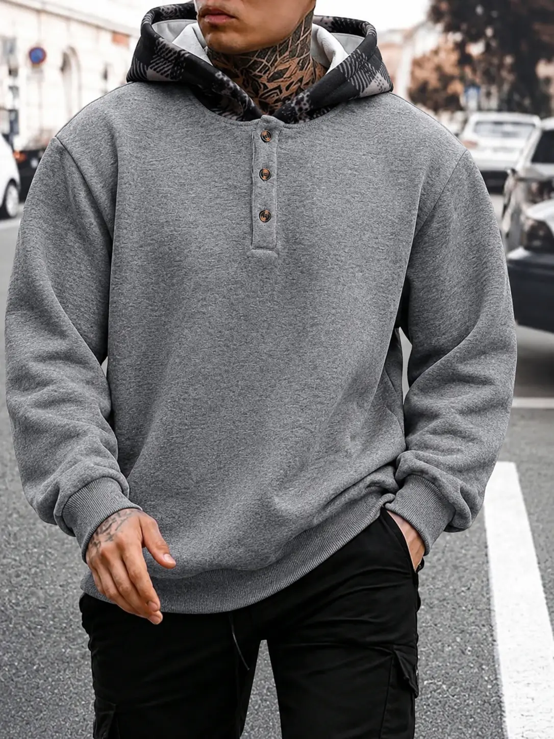 Single piece: plaid patchwork hooded sweatshirt with Henley collar, fleece-lined, unisex gray vintage casual thick fleece pullover jacket — sold individually.
