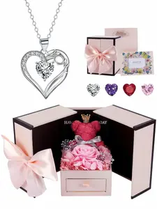 "Mom · Eternal Purple Heart" Elegant Heart-shaped Fashionable & Versatile Mom Gem Necklace with Pink Bear & Rose Gift Box. A mysterious gift ideal for festivals, dates, birthdays for wives or daughters, Valentine's Day and Mother's Day.