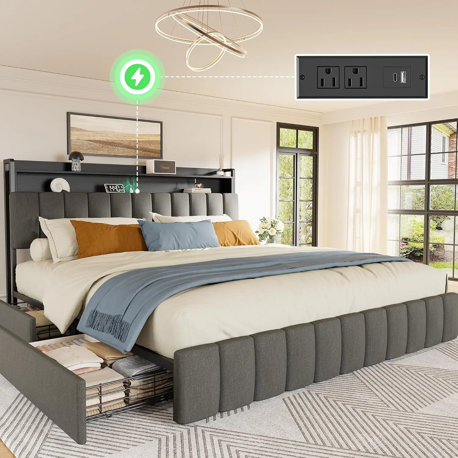 PRAISUN Upholstered Headboard Bed Frame with Charging Station, 4 Storage Drawers, 2-Tier Open Shelves, Silent Foam Strip, No Box Spring Needed, Bed Frames
