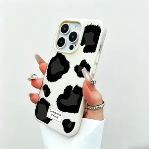 Light Beige Black Leopard Print Dual Layer Jelly Phone Case, Large Camera Cutout Two-In-One Design, Skin Feel Soft Touch Aesthetic Cover, Simple Stylish Slim Durable Shockproof Protective Phone Case for iPhone 11 12 13 14 15 16 AirPro Max Protective Case