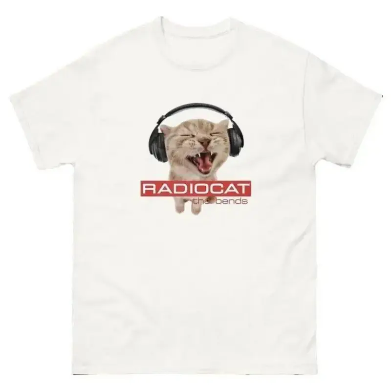 Unisex 100% Pure Cotton Graphic Tshirt, Retro "The Bends" Radio Cat Music Parody Print, Basic Casual Short-Sleeve Tee, Fitted, Round, Shortsleeve, Menswear, Tops, Round Neck, Classic, Graphic Print, Sweat, Breathable, All Seasons, Crew Neck