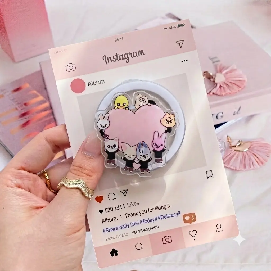 Pink Heart Cartoon Animal Characters Phone Holder - Cute Acrylic Collapsible Griptok for Aesthetic Smartphone Customization and Accessory