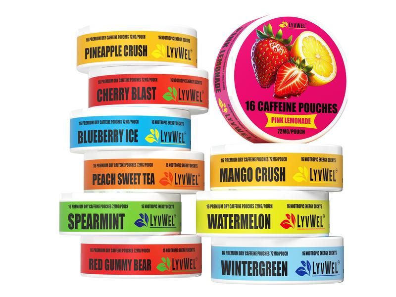 LyvWel 10-Jar 72mg All Flavors Variety Pack 1,152mg Per Can Upper Energy Deckys Zero Sugar, Energy Boost