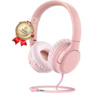 Kids Headphones, Wired Foldable On-Ear Headphones for Kids, Volume Limiter 94dB, Kid Headphones for School Classes Travel, 3.5mm Jack Kids Headset Compatible Smartphones Tablet, Pink