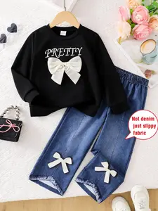 Girls' Bowknot Letter Print Black Long Sleeve Top & Faux Denim Jeans Set, Spring & Fall Casual Fashion Set, Youthful and Stylish Clothing