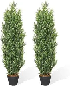 THE BLOOM TIMES 5ft Topiary Trees Artificial Outdoor – UV Resistant Faux Cedar Pine Cypress Bushes and Shrubs, Fake Potted Plants for Front Porch Outside Planter Patio Decor, Set of 2 (4 Foot)
