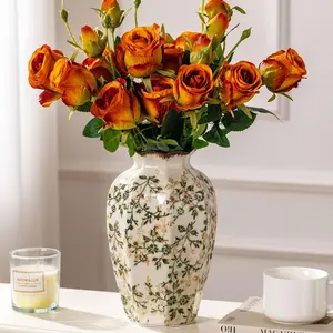 Vintage Pastoral Octagonal Vase, Green and Beige Retro Ceramic Flower Vase, Rustic Farmhouse Vases Chinoiserie Floral Large Vase for Home Decor, Living Room, Kitchen, Bedroom and Shelf 9.1 Inch（Without flowers）