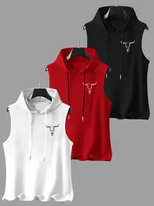 Men's 3-Pack Bull Head Print Hooded Sleeveless T-Shirt, Casual Comfortable Hoodie Vest, Summer Outdoor Fitness Wear