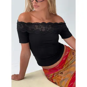 Breiann Lace Off Shoulder Short Sleeve Top Black
