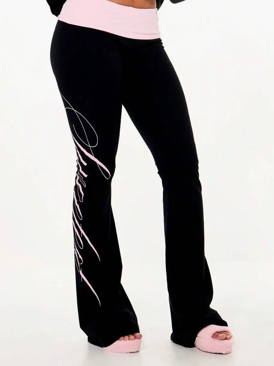 Women's Flared Bootcut Sweatpants, Fold Over Waistband Graphic Print Lounge Pants For Comfortable Casual Athleisure