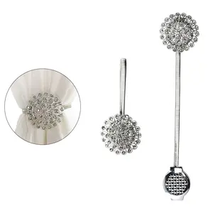 2 pack Silver Sparkling Crystal Flower Curtain Tiebacks Magnetic Crystal Flower Curtain Tiebacks Decorative Drapes Curtain Clips for Home Office Decoration