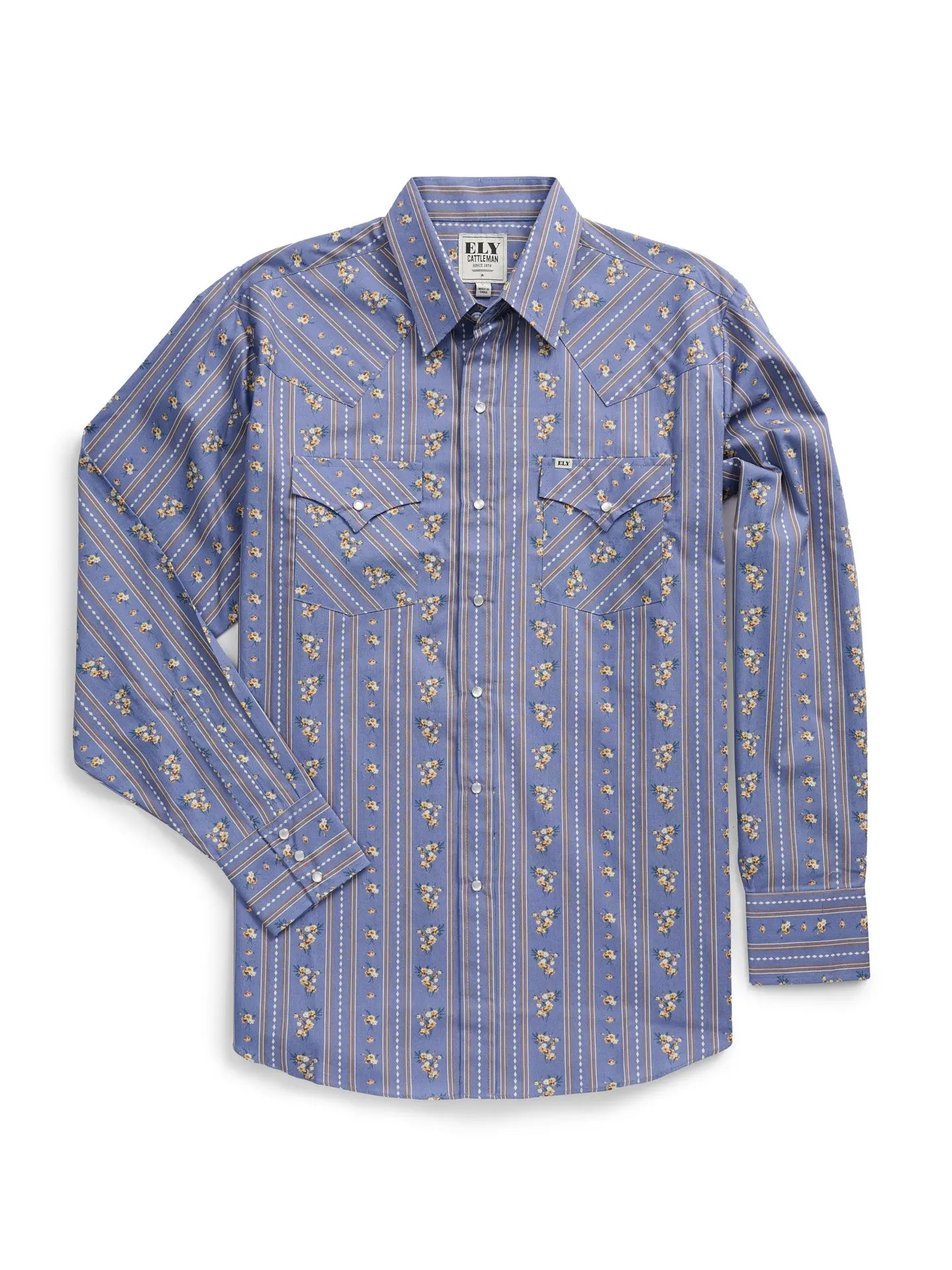 Men's Ely Cattleman Long Sleeve Wallpaper Floral Print Western Snap Shirt- Denim Blue