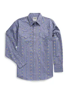 Men's Ely Cattleman Long Sleeve Wallpaper Floral Print Western Snap Shirt- Denim Blue