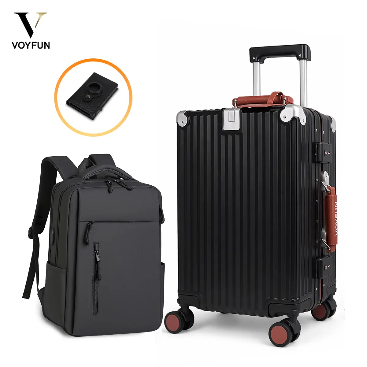 Aluminium Frame Zipperless Luggage Travel Set - 20in Carry-On PC Hardside Suitcase with Removable Spinner, TSA Lock, Check-Free Boarding & Buckle, Travel Backpack with Laptop Compartment, Carbon Fiber Card Wallet with Tag Slot