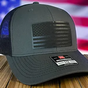 BLACKED OUT AMERICAN FLAG Patriotic Leather Patch Hat Valentines Day Gift Charcoal/Black