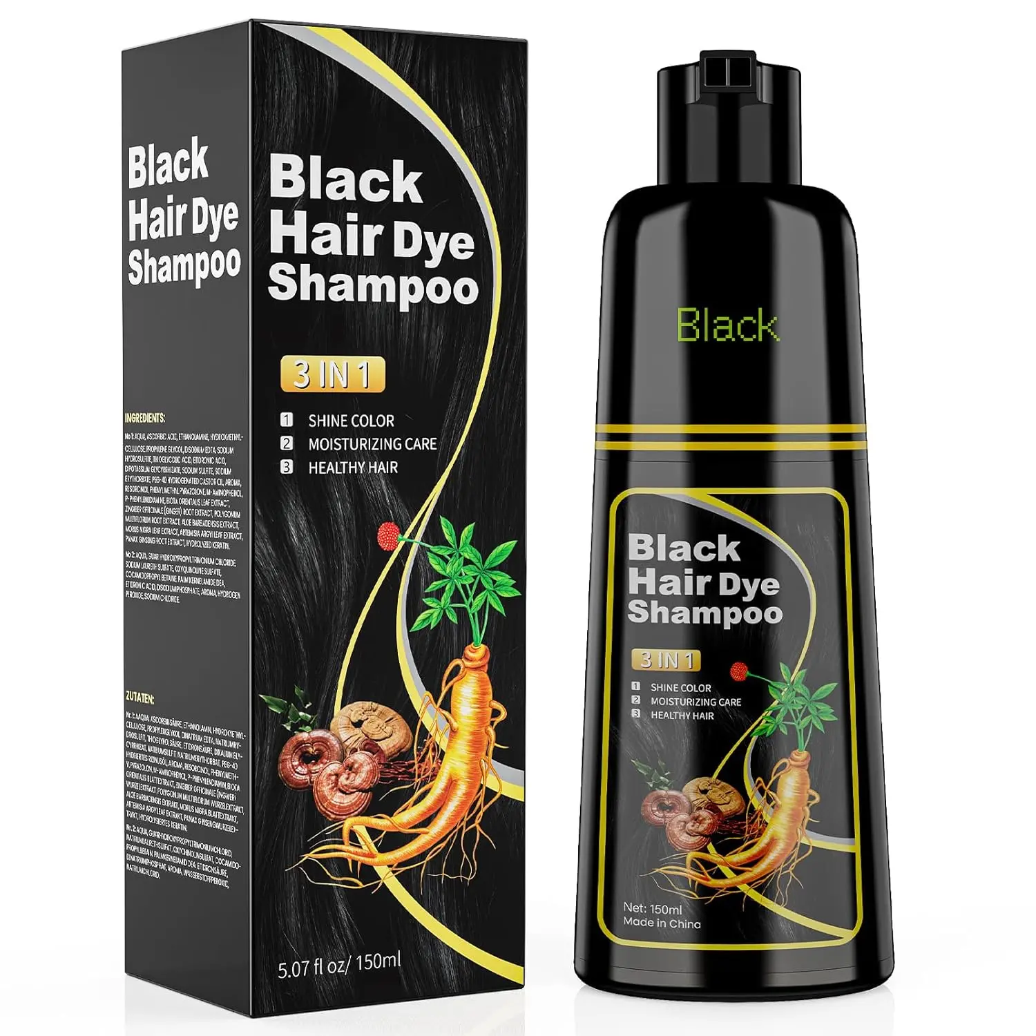 3-in-1 Combo Black Hair Dye Shampoo (150ML) with Natural Plant & Artemisia Roots Extracts, Gentle Haircare Product for All Hair Types, Unisex Use