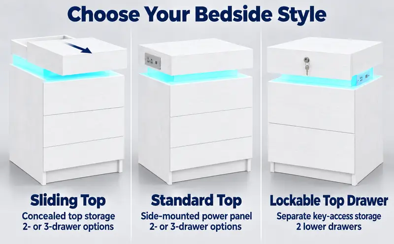 LIKIMIO Nightstand with Charging Station & LED Lights, Modern Bedside Table with 2- or 3-Drawer Options, Sliding Top, Standard Top or Lockable Top Drawer, End Table for Bedroom & Small Spaces Nightstand With Drawers