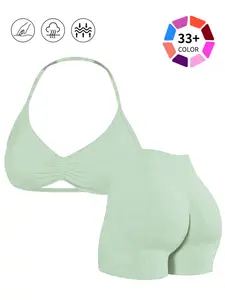 Halter V-Neck Ruched Yoga Set - 33+ Colors, Seamless 2-Piece Outfit with Removable Cups, Tummy Control High Waist & Scrunch Booty Lifting Shorts | Buttery Soft, Squat-Proof, Breathable Activewear for Gym, Yoga & Everyday Wear