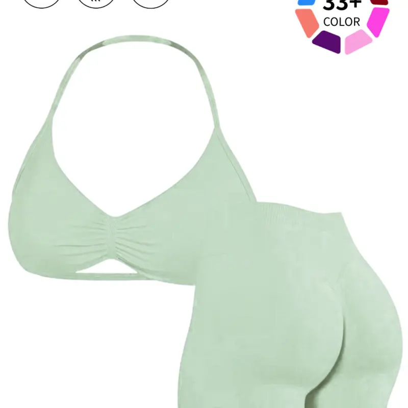 Halter V-Neck Ruched Yoga Set, Yoga Fitness Clothing - 33+ Colors, Seamless 2-Piece Outfit with Removable Cups, Tummy Control High Waist & Scrunch Booty Lifting Shorts, Buttery Soft, Squat-Proof, Breathable Activewear for Gym, Yoga & Everyday Wear