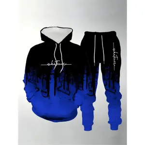 A set of men's casual polyester hooded sweatshirt and sports pants, with black and blue blocks paired with letter printing, comfortable and elastic fit, regular style, suitable for leisure and outdoor activities, Spring and Autumn series Workout Gym Cloth