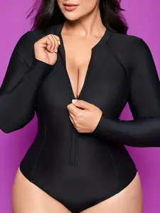 Plus Size One-Piece Long Sleeve Swimsuit, Full Coverage Swimsuits Tummy Control Swimwear, Zipper V Neck Back Drawstring, Slimming Monochrome, Pool Party Sexy Style, Perfect for Valentine's Day