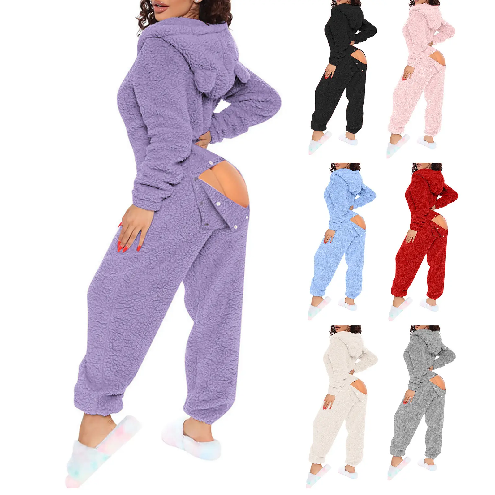 One-piece Homewear Sexy Open Women's Long-sleeve Jumpsuit with Hood Cute Furry Elastane Material