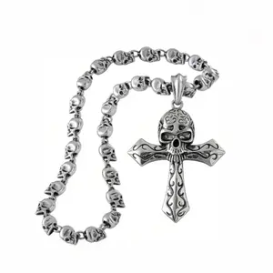 Skull Cross Pendant Necklace Stainless Steel Gothic Punk Cuban Chain Hip Hop Jewelry Fashion Accessory Gift For Men Boys Streetwear Style Trendy Vintage Design