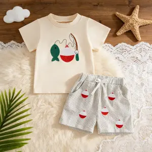 0-3Years Toddler Boy Fishing Outfit Set, Short Sleeve Fish Bobber Embroidered T-Shirt + Striped Drawstring Shorts, Kids Summer Casual Clothes