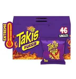 Takis Fuego Rolled Tortilla Chips Hot Chili Pepper & Lime 1 oz per Bag 46 Count Spicy Tangy Single Serve Snack Packs Barcel US LLC Crunchy Flavor Crispy