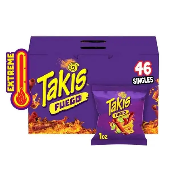 Takis Fuego Rolled Tortilla Chips Hot Chili Pepper & Lime 1 oz per Bag 46 Count Spicy Tangy Single Serve Snack Packs Barcel US LLC Crunchy Flavor Crispy