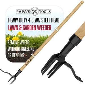 Papa's Tools Weeder - St Up Weed Puller Tool Made with Long Wooden Hle - Real  & 4-Claw Steel  - Easily Remove Weeds Effortlessly Without The Need to Tug, Bend, Or Flex,