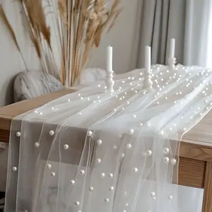 Pearl Beaded Sheer Table Runner, Outdoor Wedding Party Decoration, Home Decor, Room Decor, Birthday Party Decor, Valentine's Day