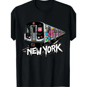 New York Subway Graphic Print T-Shirt for Men, Black Short Sleeve Crew Neck, Breathable Elastic Cotton, Regular Fit, Machine Washable, All-Season Casual Wear for Daily & Outdoor Activities