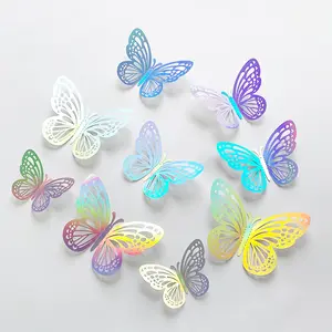 Colorful Butterfly Stickers Set of 12, 3D Hollow Cutout Design Wall Decorations, Artistic Home Party Background Decals, Stylish Room Accessories