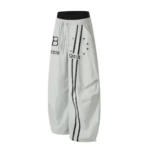 Kyn Apparel Retro Double Waistband Layered Parachute Pants American Style Wide Leg Trousers With Side Stripes And Letter Print Casual Pants