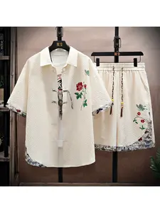 1 Set Men's Summer Fashion Chinese Style Floral Butterfly Pattern Printed Sport Chinese Style Placket Short-Sleeved T-Shirt Quick-Dry Shirt Set Short-Sleeved Jacket with Comfortable Breathable Shorts Set