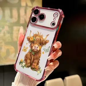 Protective Four Corners Plated iPhone Case for iPhone 17 16 Pro Max 15 Plus 14 13 12 11  Air Flower - adorned Highland calf Patterned Shockproof Transparent Soft Silicone Cover