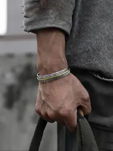 Men's Street Style Feather Design Cuff Bangle, Fashion All-match Adjustable Bracelet for Party, Daily Clothing Decor, Trendy Exquisite Jewelry for Gift