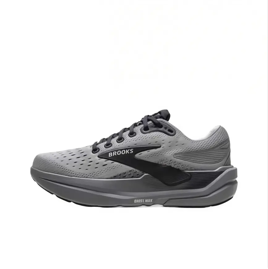Solid Gray Black Trim Cushion Running Sneakers Breathable Perforated Knit Mesh Dark Flat Laces Layered Thick Foam Midsole Shock Absorbing Stable Sport Shoes For Road Jogging Long Walk Gym Daily City Commute