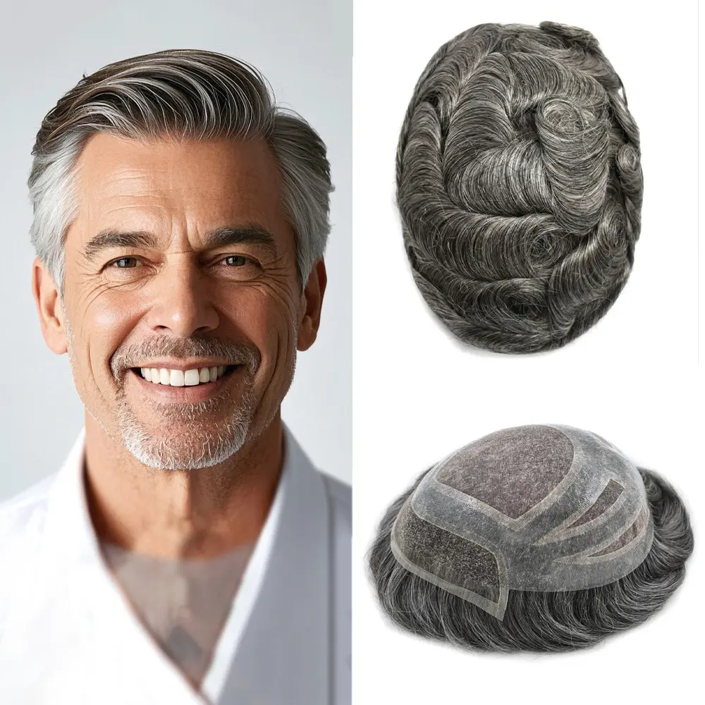 Swiss Lace Hair System Toupee For Mens Hairpiece European Human Hair Replacement System Men Toupee Bleached  Knots Natural Hairline Fine Mono Clear Poly Skin Male Hair Prosthesis