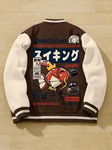 Digital Letter Print Varsity Jacket, Loose Fit Streetwear, Long Sleeve Thick Fabric Coat, Unisex Casual Outerwear, Fall Winter Fashion Style