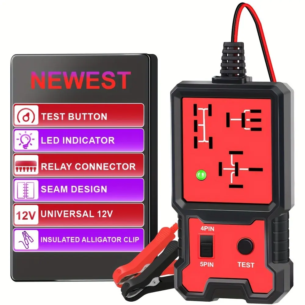 12V Automotive Relay Voltage Tester and Diagnostic Tool with Battery Clips, Durable Abs Shell for 4 and 5 Pin Relays, Quick Fault Detection and Analysis in and Car Relay Tester