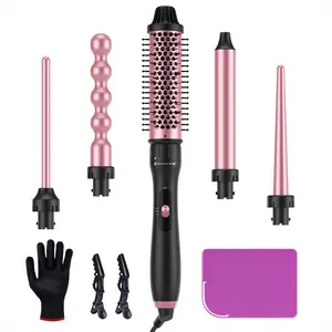 LANDOT 5-in-1 Interchangeable Curling Iron Set - Multi Barrel Kit for Waves Curls & Volume | Pro Styling at Home Straightener Adjustable Brush Smooth Hair Styler Detangler Straightening with Ceramic Titanium Plates