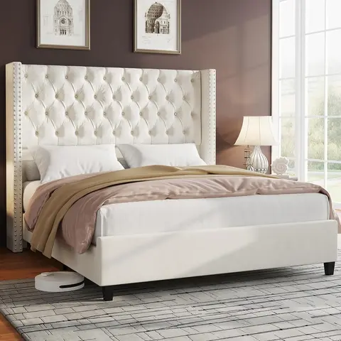 AMERLIFE Queen Modern Velvet Platform Bed Frame - Apartment Furniture, 51.6" Tall Long Wingback Headboard with Double Pleat & Deep Buttons, Padded High Profile, Silent Soundproof EVA Strip, No Box Spring Needed, Sturdy Wood Slats, Easy Assembly Required