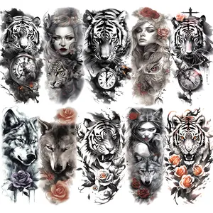 10 Realistic Animal Temporary Tattoos for Adults, Wolf Tiger Rose Flower Fake Body Art Stickers, Half Sleeve Tattoo Patches