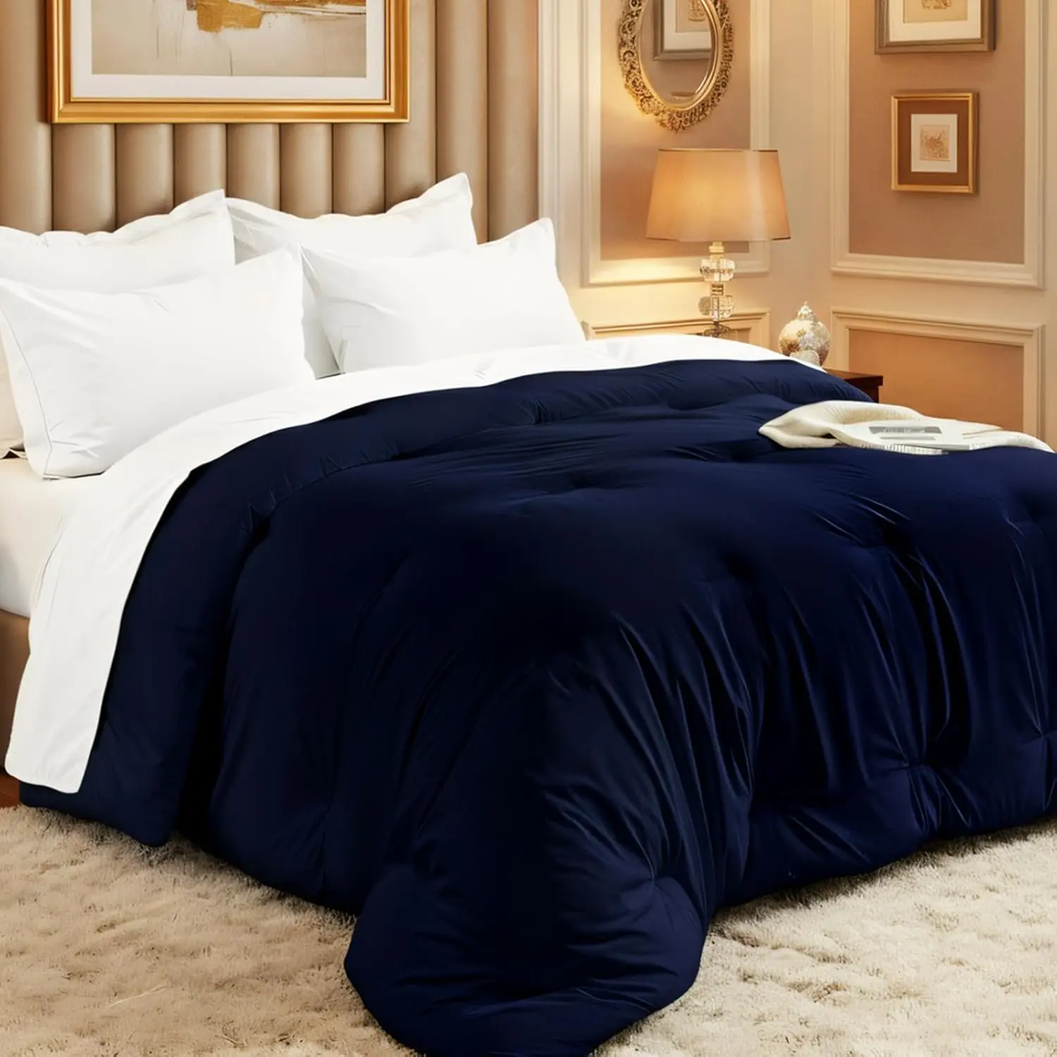 Comforters Queen Size, All Season Quilted Bed Comforter,-Soft Down Alternative Duvet Insert with 4 Tabs, Lightweight Bedding Blanket - Machine Washable, Navy Blue