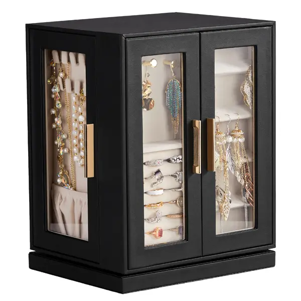 360° Rotating Jewelry Organizer Storage Box - Black Glass Rectangular Counter Top Cabinet, 5 Drawers, Pink Velvet Interior, Transparent Single Unit for Gift & Ornament Storage, Smooth Vanity Organizer