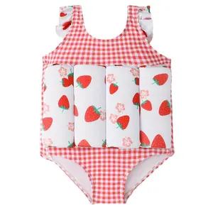 Toddler Children Floating Suit, Cute Strawberry Pattern Buoyancy Suit, Girls' Lace Sleeves Suitable For Summer Beach Vacation Sports Swimsuit, Training Auxiliary Swimsuit, Removable And Adjustable Buoyancy Swimsuit