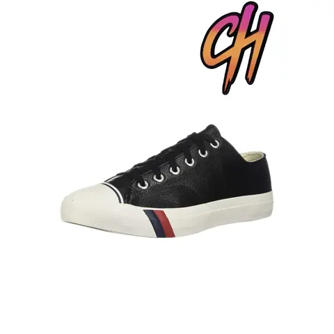 Pro-Keds Royal Lo Men's Casual Round Toe Trainers - Lace-Up Cloth-Lined Footwear with Classic Black Leather Look, Cushioned Rubber Outsole, Medium Width